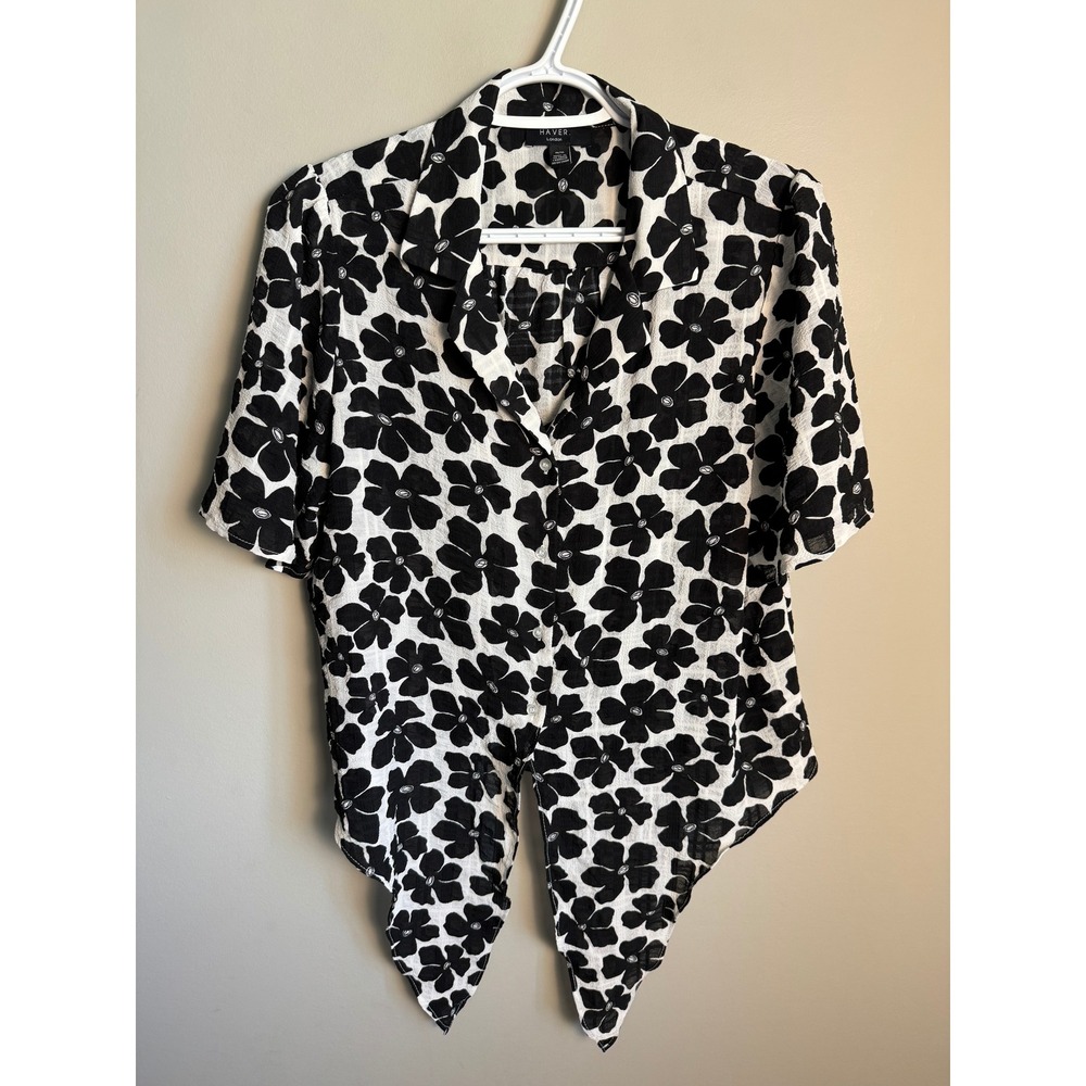 HAVER London Womens Black/White Floral Tie Front Blouse M Retro Mod Chic
